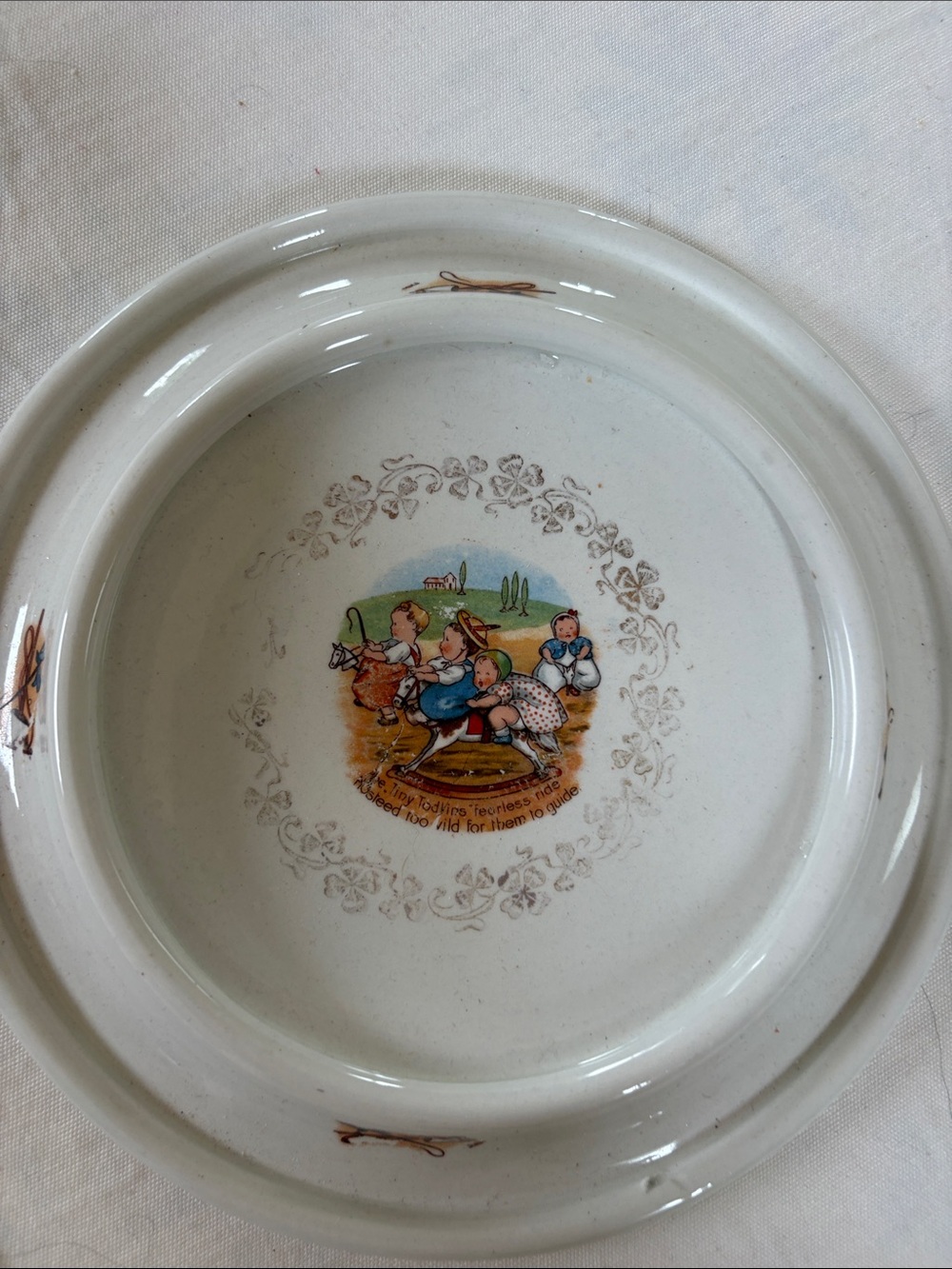 Classic White Ceramic Nursery Plate with Vintage Children Illustration